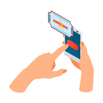 Isometric cinema movie composition with human hands touching smartphone button with ticket vector illustration