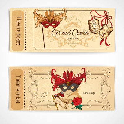 Theatre drama opera stage sketch tickets set with decoration isolated vector illustration.