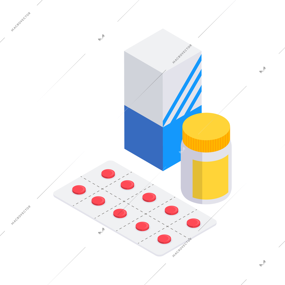 Pharmacy isometric icons composition with isolated image of pills and medical packages vector illustration