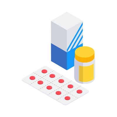 Pharmacy isometric icons composition with isolated image of pills and medical packages vector illustration