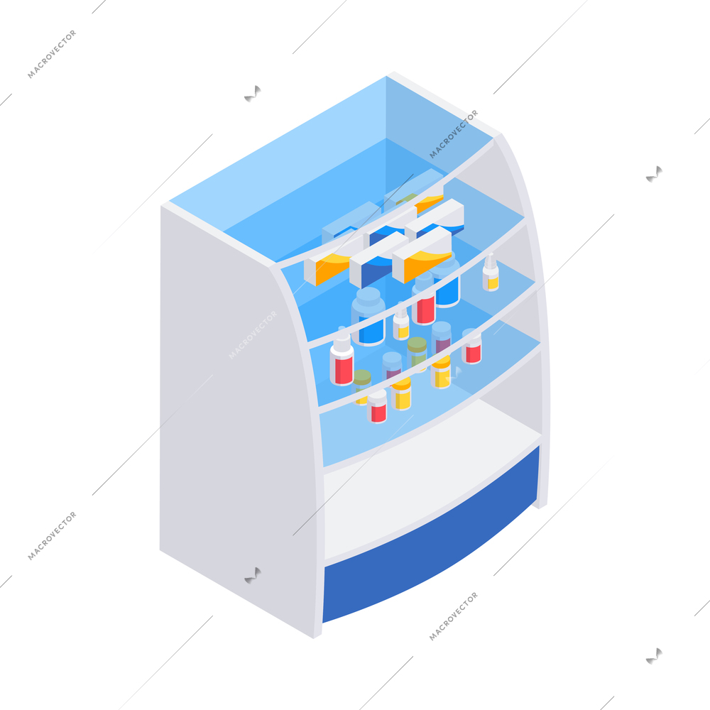 Pharmacy isometric icons composition with isolated image of shop display with medical products on shelves vector illustration