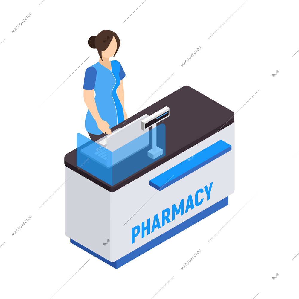 Pharmacy isometric icons composition with isolated view of shop counter with female assistant vector illustration