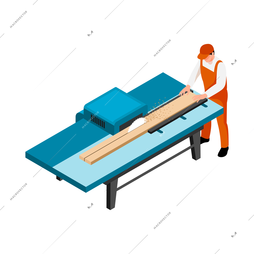 Isometric sawmill woodworking carpentry factory composition with male worker rifting log on table vector illustration