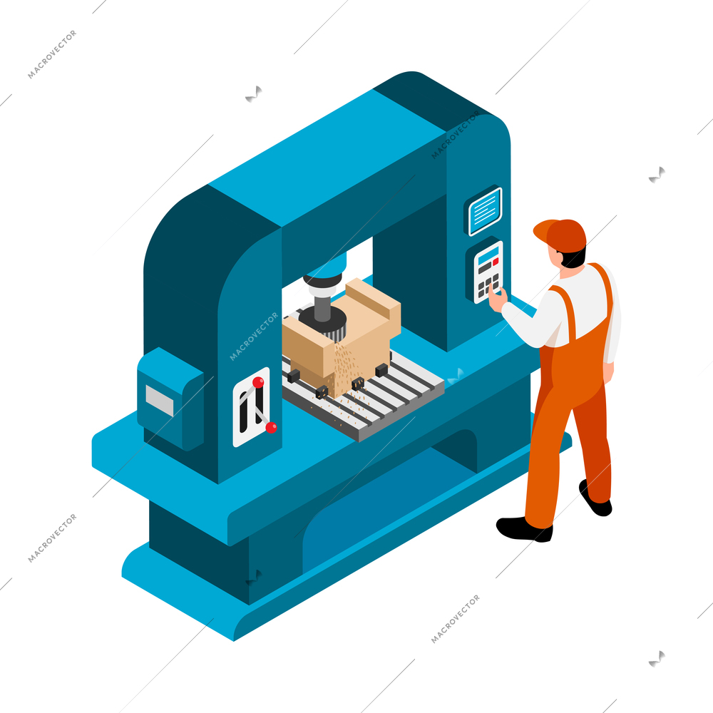 Isometric sawmill woodworking carpentry factory composition with joiners bench and worker sawing out vector illustration
