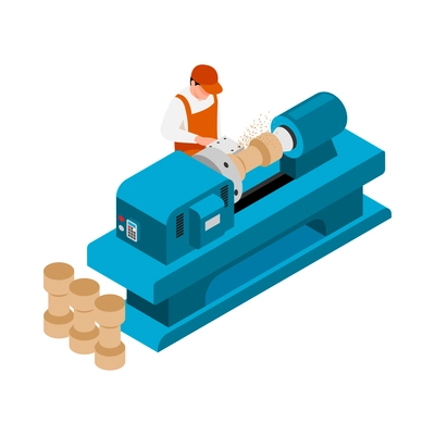 Isometric sawmill woodworking carpentry factory composition with worker sawing out logs at bench vector illustration