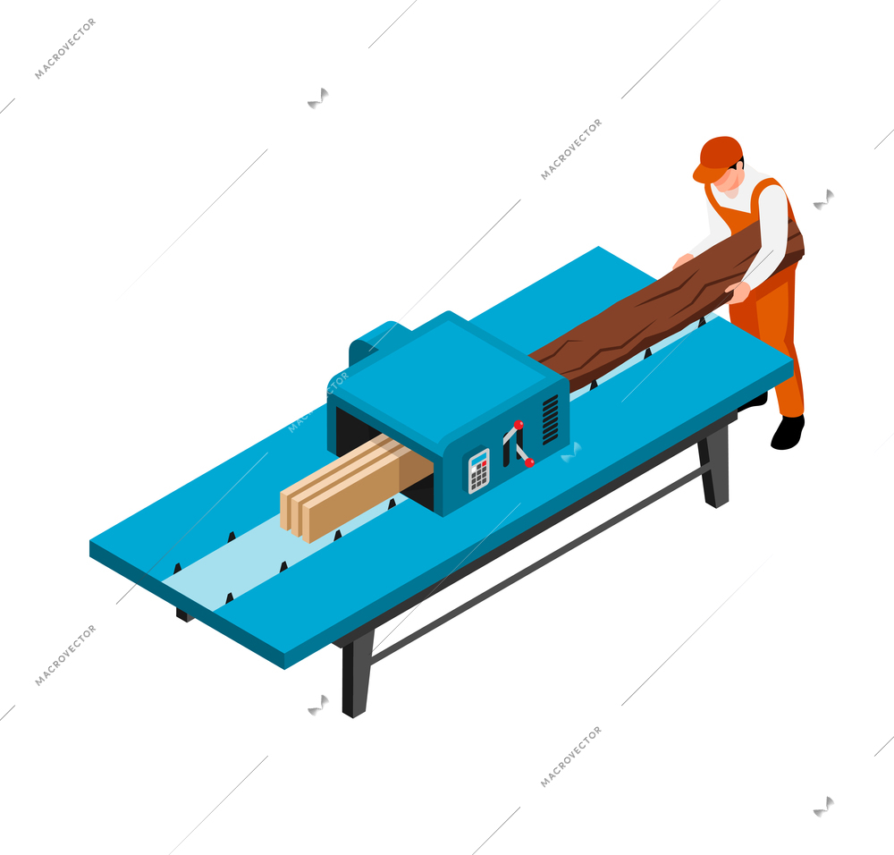 Isometric sawmill woodworking carpentry factory composition with worker rifting logs at bench vector illustration