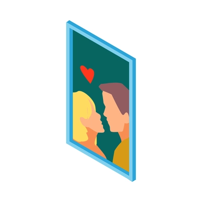 Isometric cinema movie composition with isolated image of vertical frame with characters of lovers vector illustration