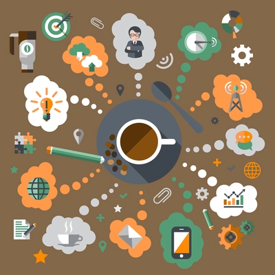 Coffee creative concept with cup in the middle and communication and brainstorming process elements vector illustration