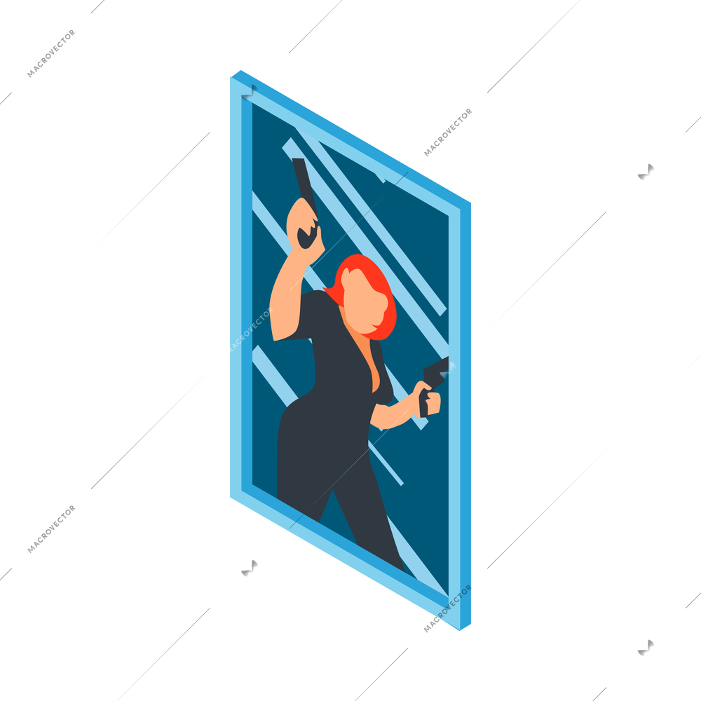 Isometric cinema movie composition with isolated image of vertical frame with female star holding pistols vector illustration