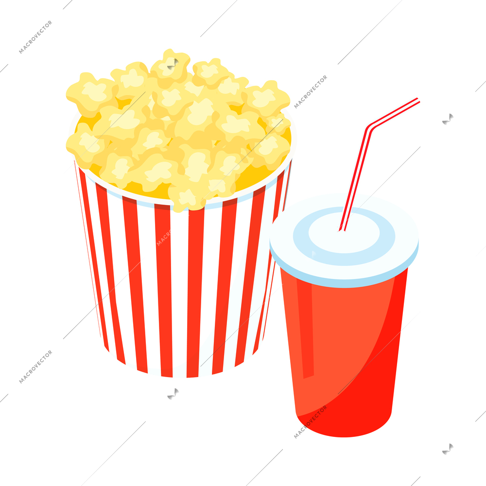 Isometric cinema movie composition with isolated images of pop corn bucket and cup of beverage drink vector illustration