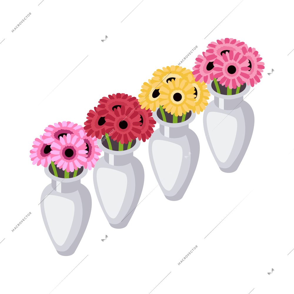 Flower shop florist icons isometric composition with isolated images of vases with flowers for sale vector illustration
