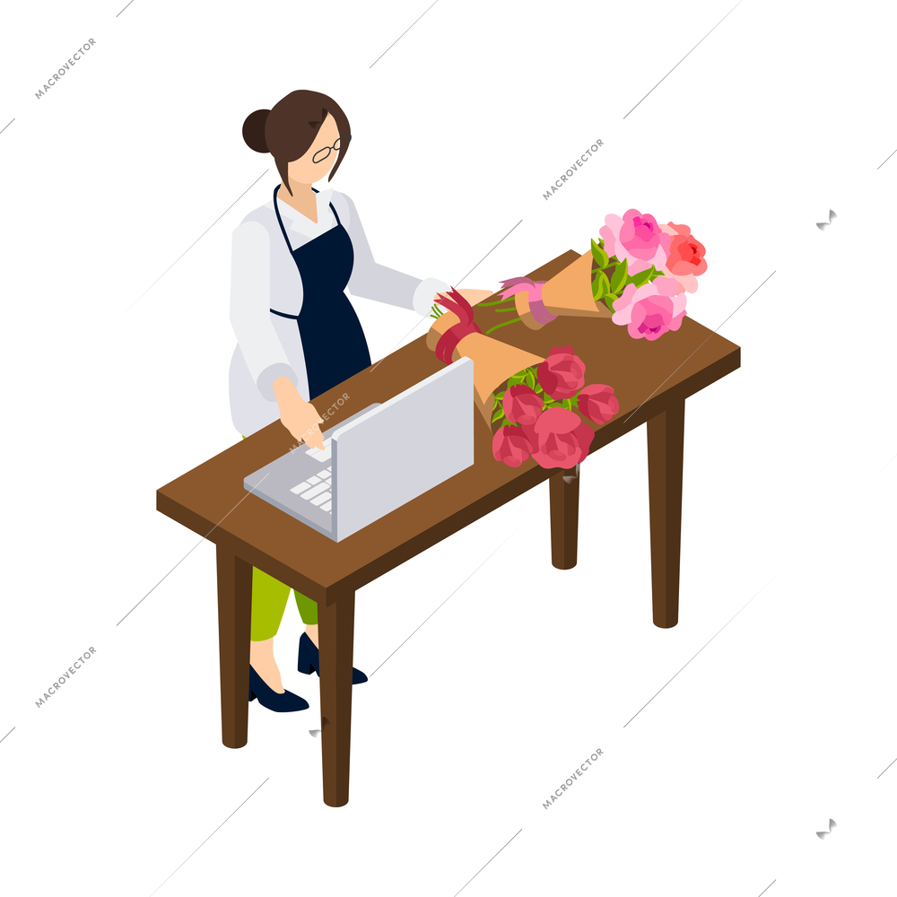 Flower shop florist icons isometric composition with female character of florist at table with laptop and bouquets vector illustration