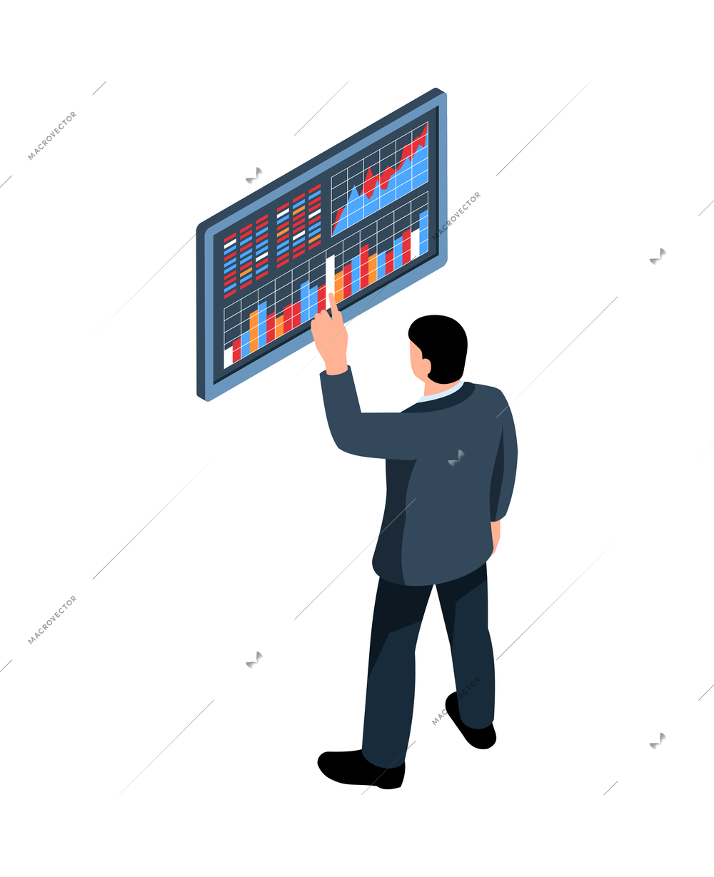 Isometric stock market exchange trading finance composition with character of man and graphs on screen vector illustration