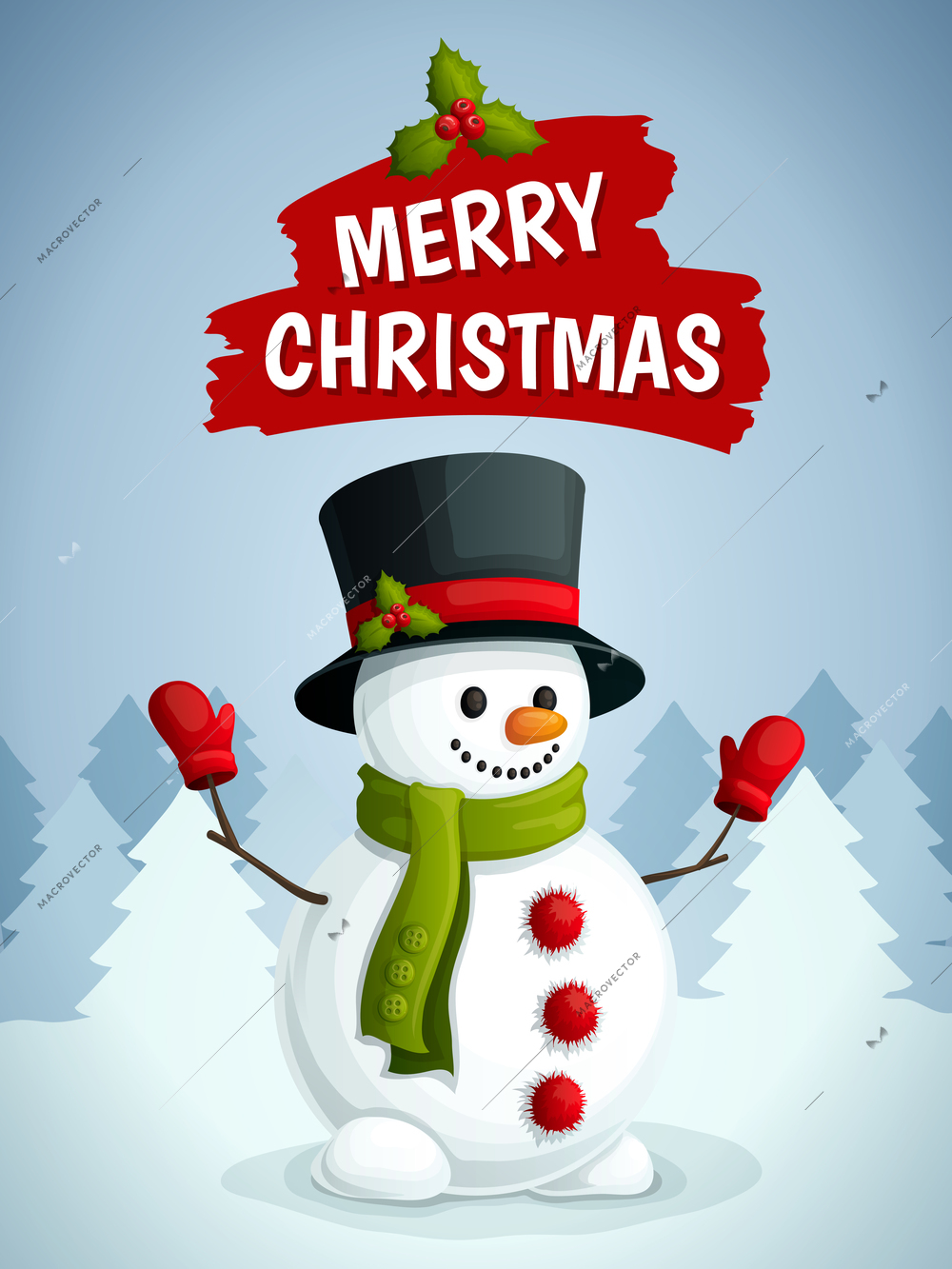 Merry christmas poster with snowman in scarf gloves and hat on winter forest background vector illustration.