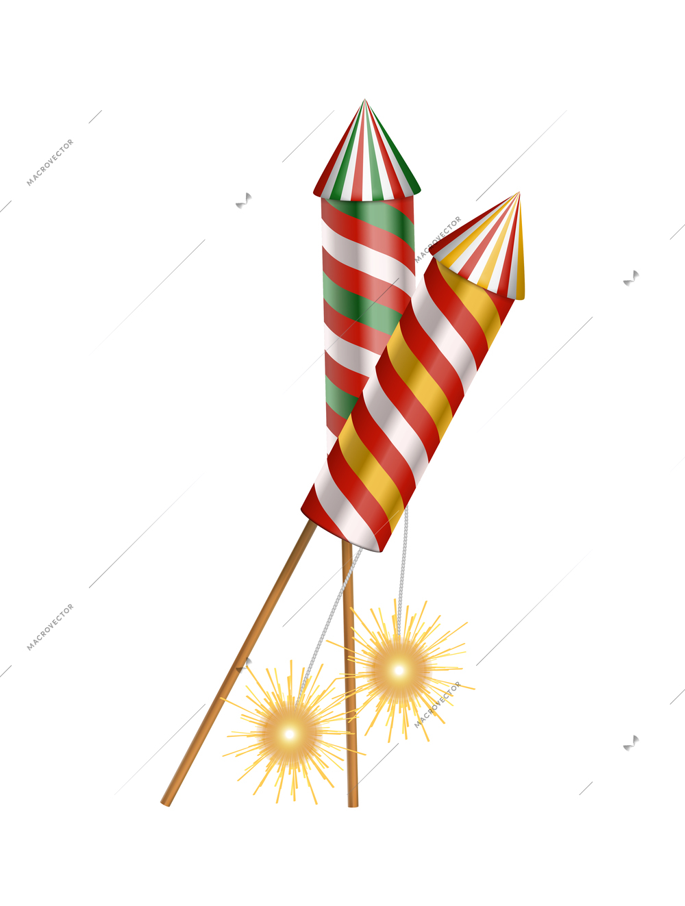 Diwali realistic composition with isolated image of traditional firecrackers on sticks vector illustration