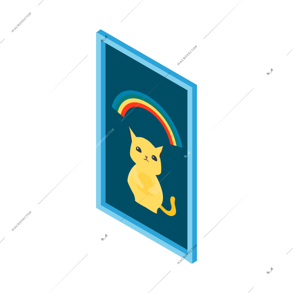 Isometric cinema movie composition with isolated image of vertical frame with artwork cat and rainbow vector illustration