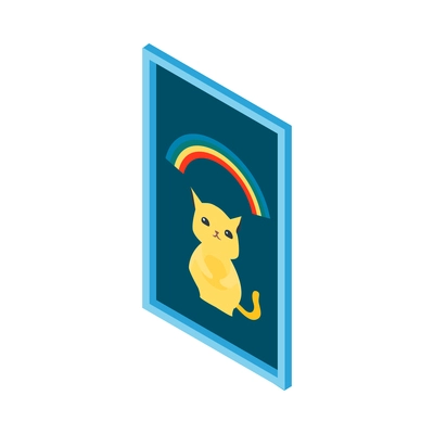 Isometric cinema movie composition with isolated image of vertical frame with artwork cat and rainbow vector illustration