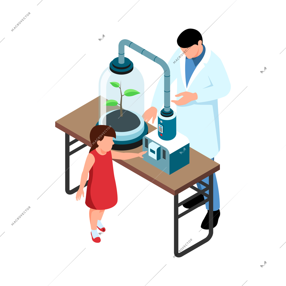 Isometric stem education composition with isolated characters of kid and scientist growing plant in bulb vector illustration