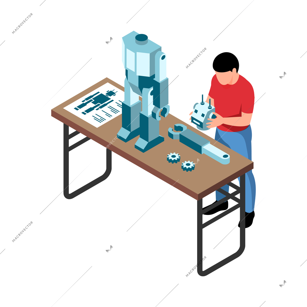 Isometric stem education composition with view of teenage boy assembling toy robot vector illustration