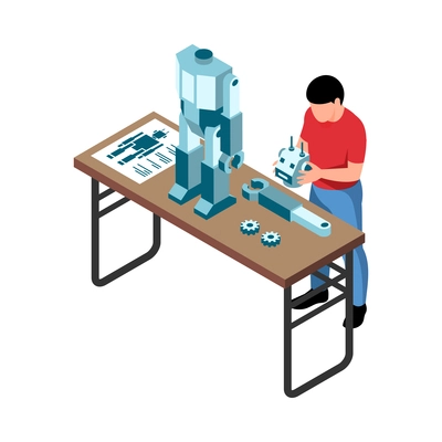 Isometric stem education composition with view of teenage boy assembling toy robot vector illustration