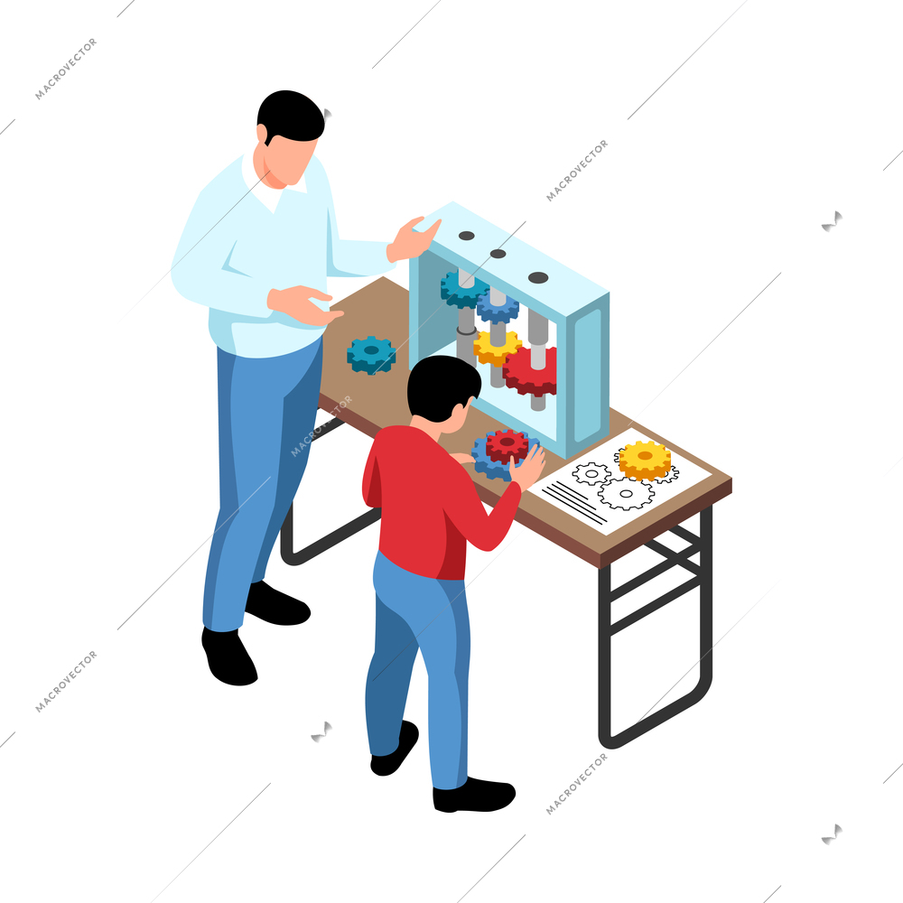 Isometric stem education composition with image of box with gears kid and adult teacher vector illustration