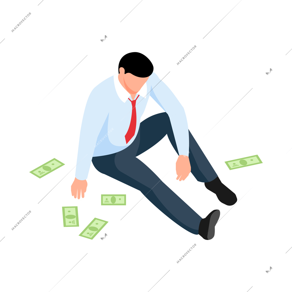 Isometric stock market exchange trading finance composition with character of distracted man with few banknotes vector illustration