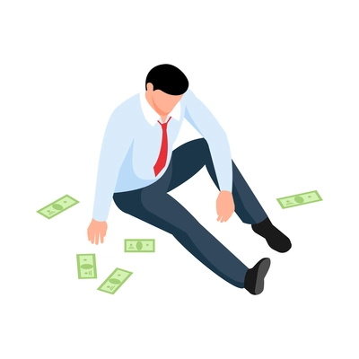 Isometric stock market exchange trading finance composition with character of distracted man with few banknotes vector illustration