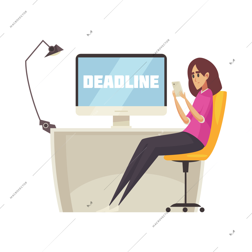 Gadget addiction composition with female worker sitting at workplace while chatting in smartphone vector illustration