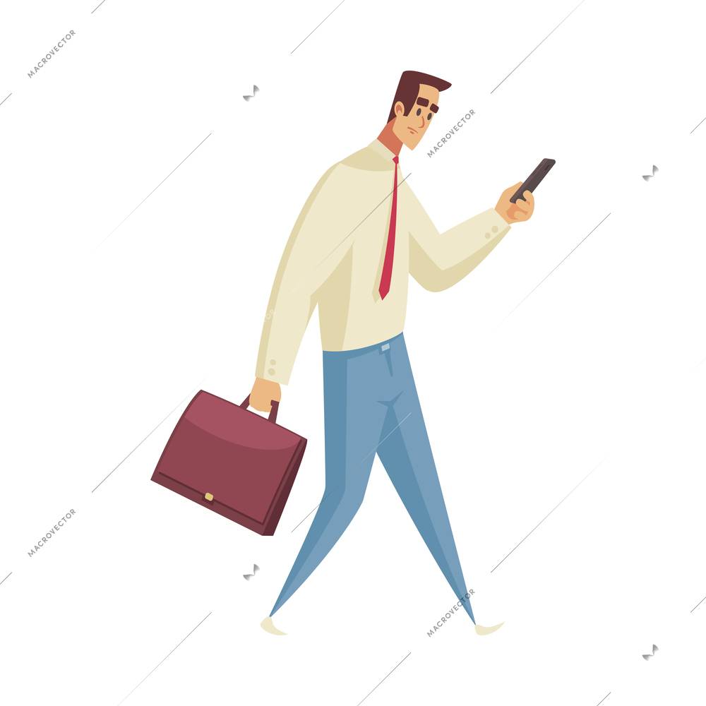 Gadget addiction composition with male worker walking while chatting in smartphone vector illustration