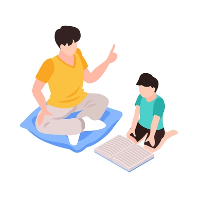 Isometric family homeschooling composition with child and parent sitting on floor with book vector illustration