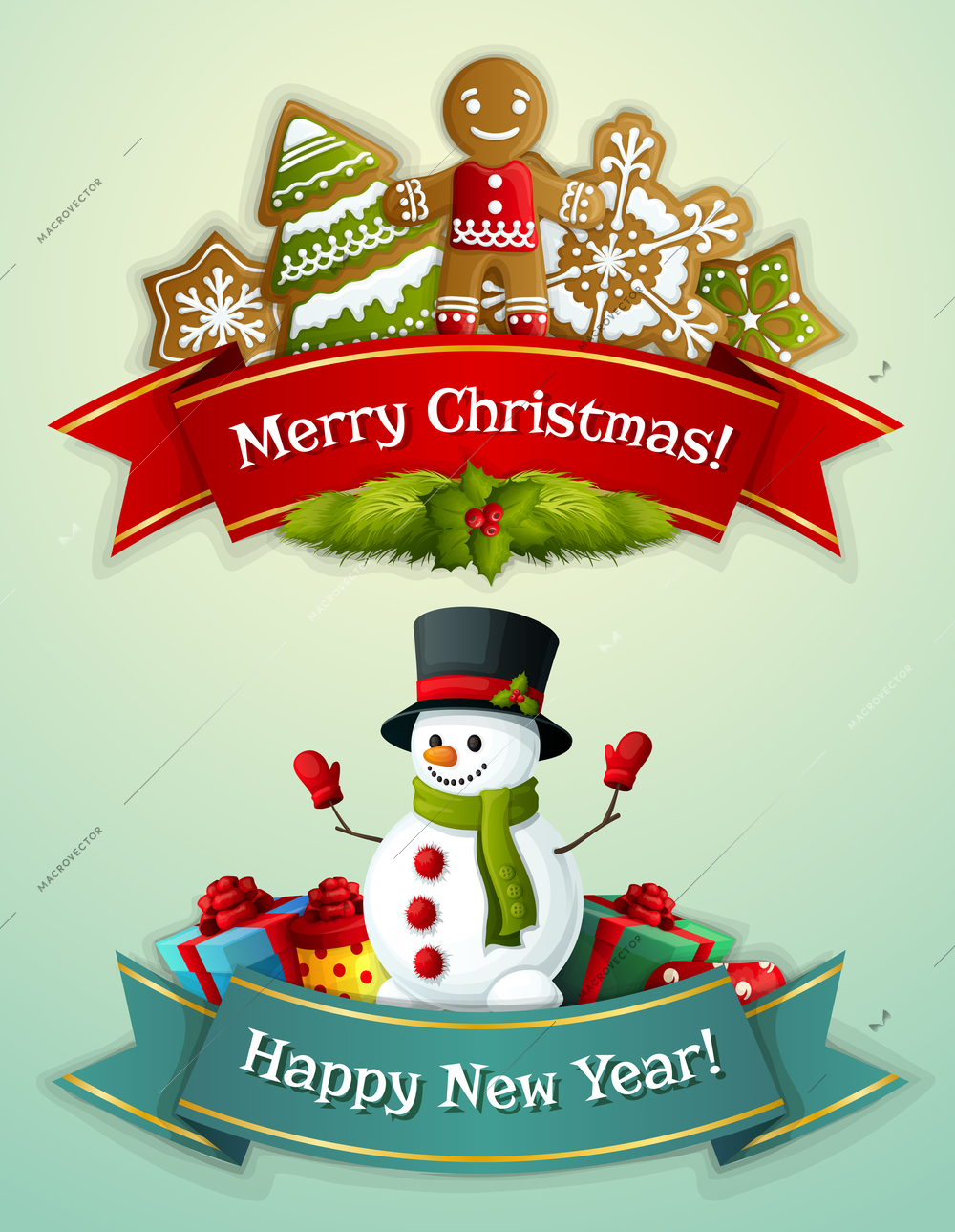 Merry christmas and happy new year ribbon banner set with ginger man and snowman with gift boxes isolated vector illustration