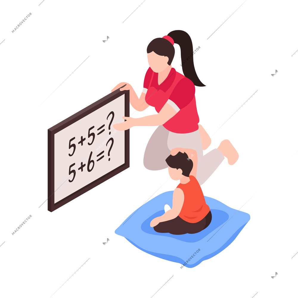 Isometric family homeschooling composition with mother holding blackboard and child on pillow vector illustration