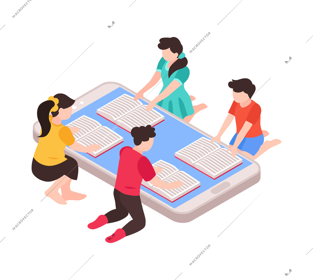 Isometric family homeschooling composition with characters of children with books sitting at smartphone table vector illustration