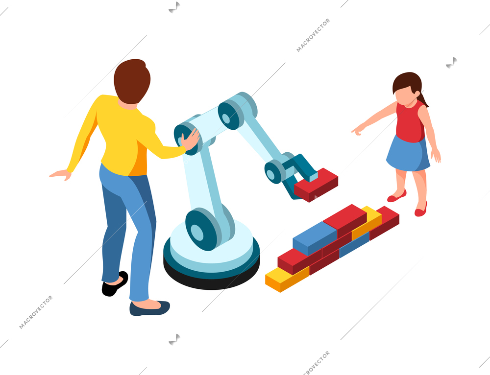 Isometric stem education composition with isolated characters of kid adult and arm manipulator with bricks vector illustration