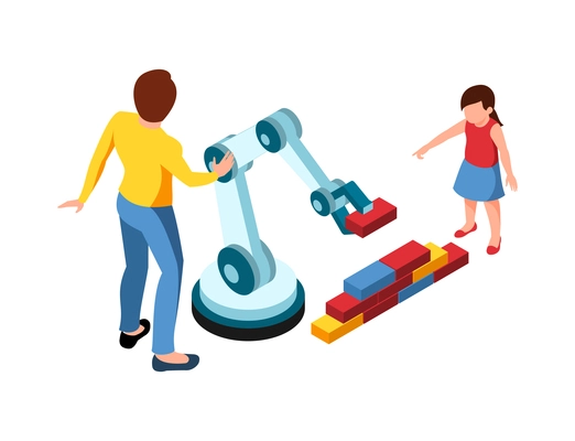 Isometric stem education composition with isolated characters of kid adult and arm manipulator with bricks vector illustration