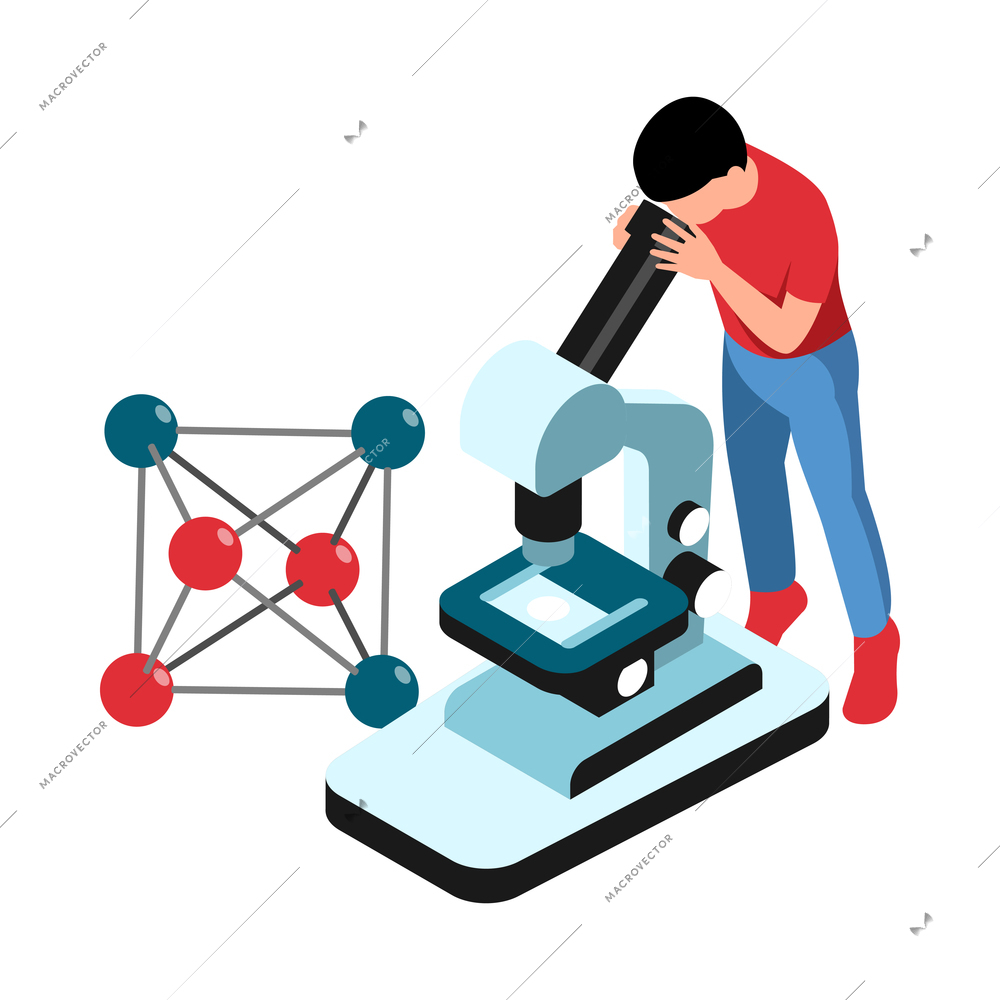 Isometric stem education composition with human character looking in microscope with molecule vector illustration