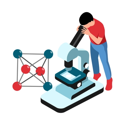 Isometric stem education composition with human character looking in microscope with molecule vector illustration