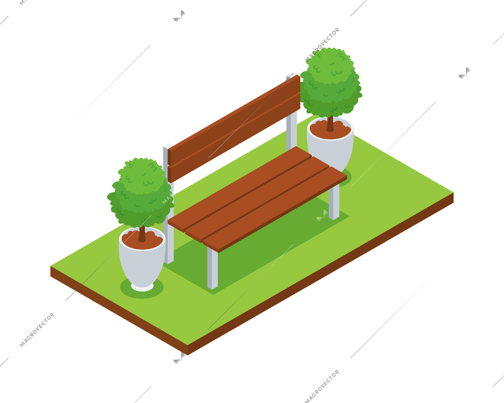 Isometric forest park nature element composition with rectangular platform and wooden bench vector illustration