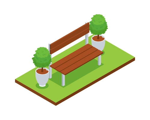 Isometric forest park nature element composition with rectangular platform and wooden bench vector illustration