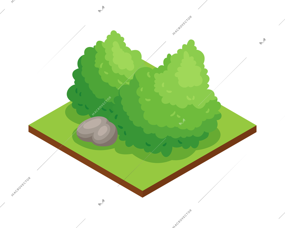 Isometric forest park nature element composition with rectangular platform with bushes and rock vector illustration