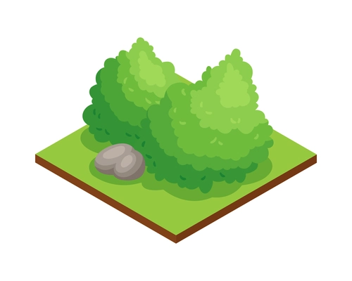Isometric forest park nature element composition with rectangular platform with bushes and rock vector illustration