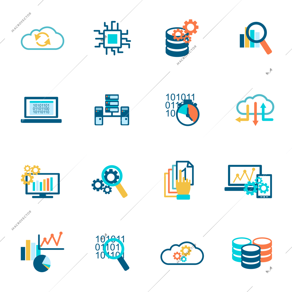 Database analytics information technology network management icons flat set isolated vector illustration