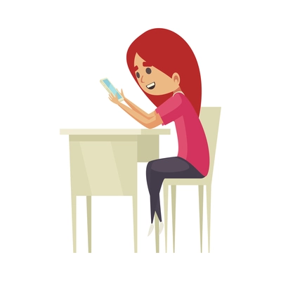 Gadget addiction composition with little girl sitting at desk while chatting in smartphone vector illustration