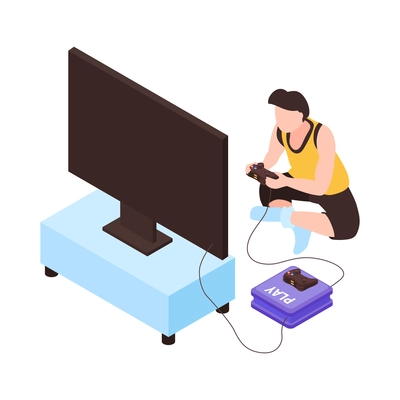 Isometric gadget addiction composition with tv set and gaming console with sitting man vector illustration