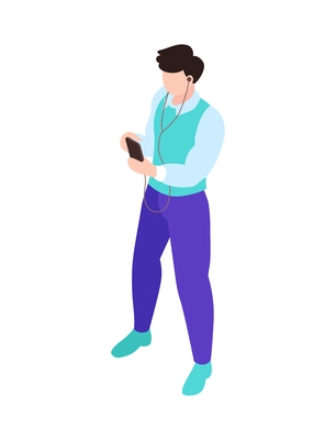 Isometric gadget addiction composition with character of guy looking in smartphone with headphones vector illustration