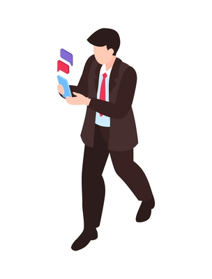 Isometric gadget addiction composition with character of walking business worker with chat bubbles vector illustration