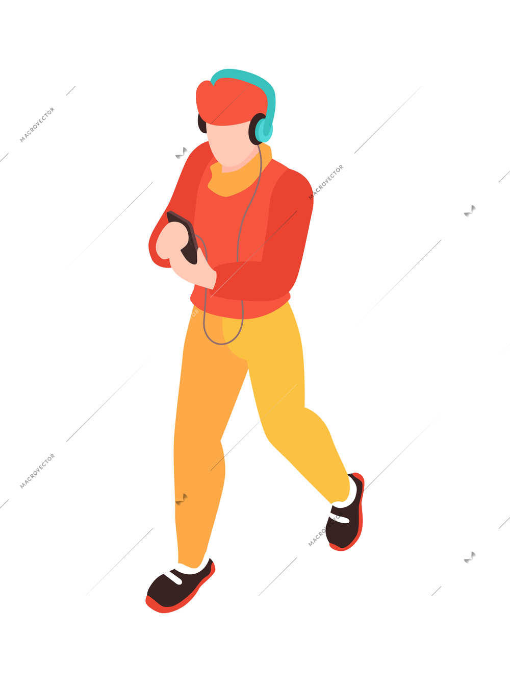 Isometric gadget addiction composition with character of walking teenager with smartphone wearing headphones vector illustration