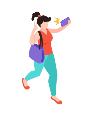 Isometric gadget addiction composition with character of walking woman taking selfie shots with smartphone vector illustration