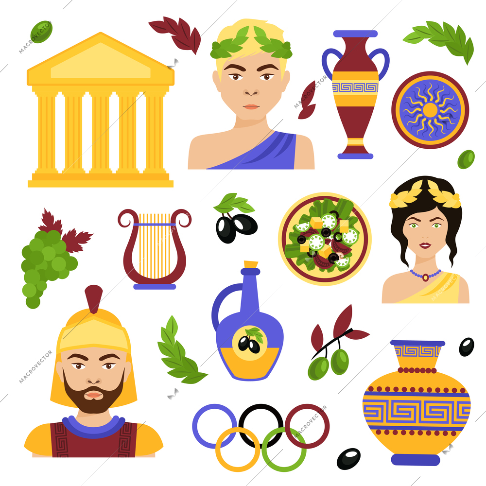 Greece decorative icons set with antique temple salad olive oil isolated vector illustration