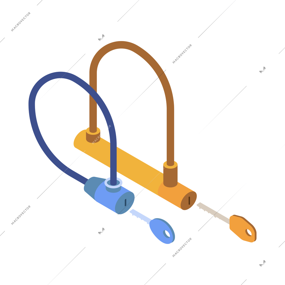 Isometric bicycle bike composition with images of cycling locks with keys vector illustration